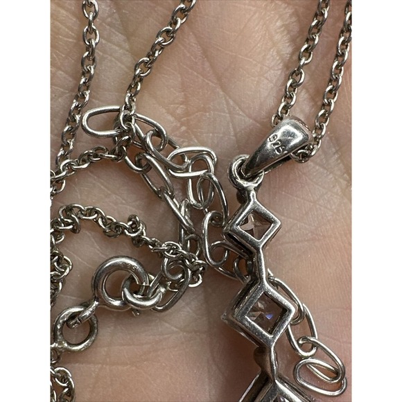 Sterling Silver Necklace Pendant CZ Three Square Faceted Drop 18-21" - Picture 4 of 12